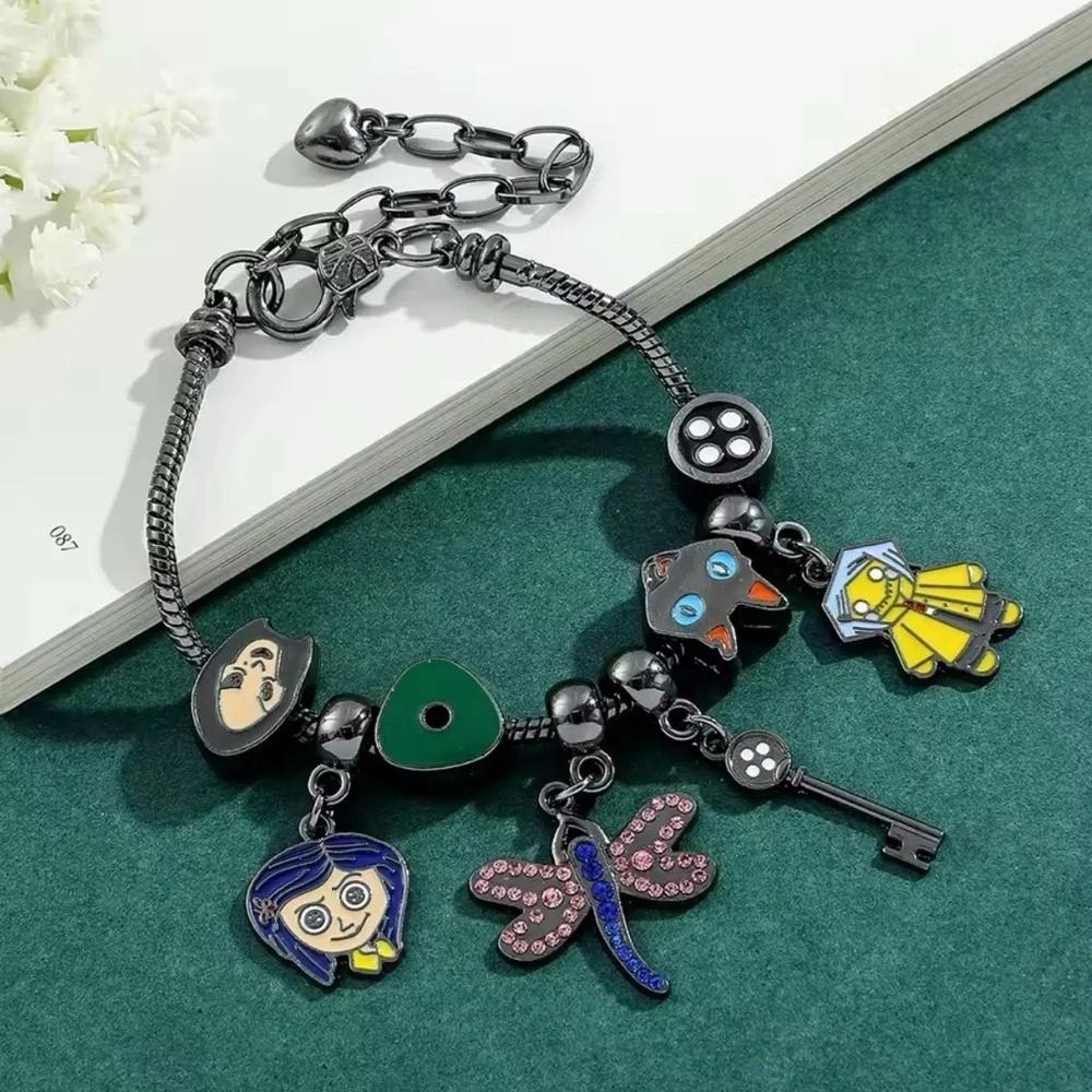 Black Rhodium Gold Coraline Inspired Themed Loaded Enamel Charm Bracelet Design